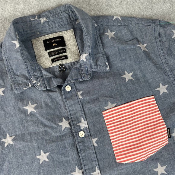 Quicksilver Shirt Mens Button Up Blue Red White American Flag Stars Stripes - Picture 1 of 7